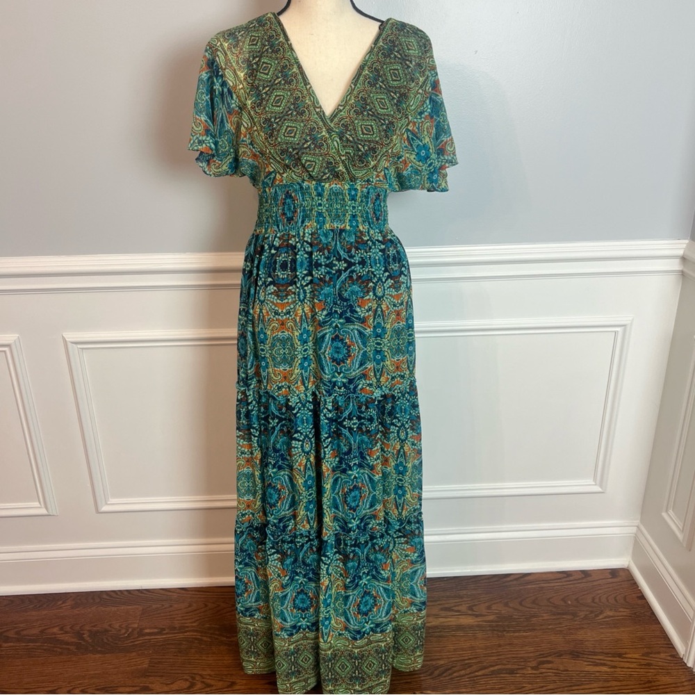 Women’s Short Sleeve V Neck Paisley Colorful Hippie Maxi Dress Size 6